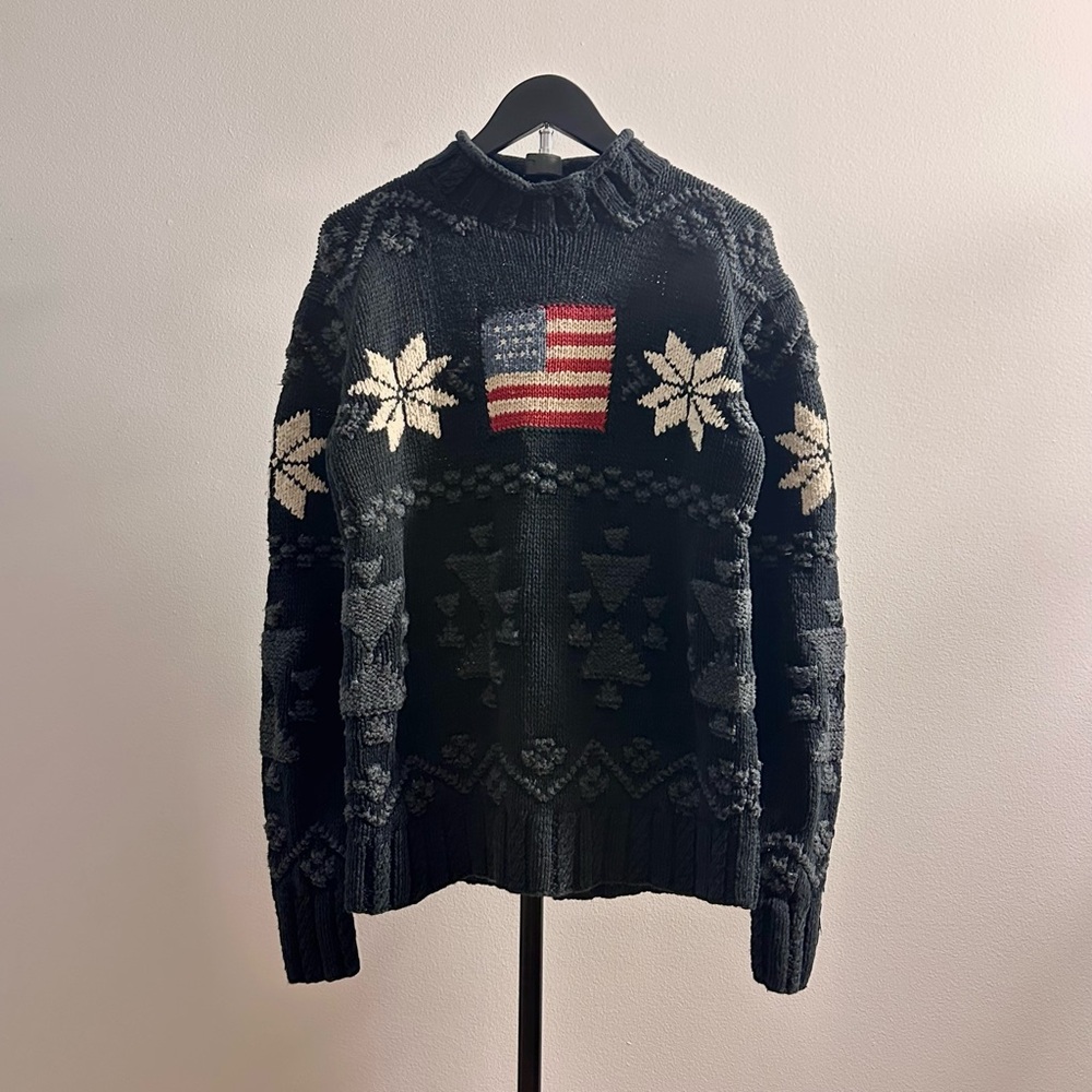 Vintage Ralph Lauren Sport Black Linen Cotton Flag Mock Neck Sweater Size S